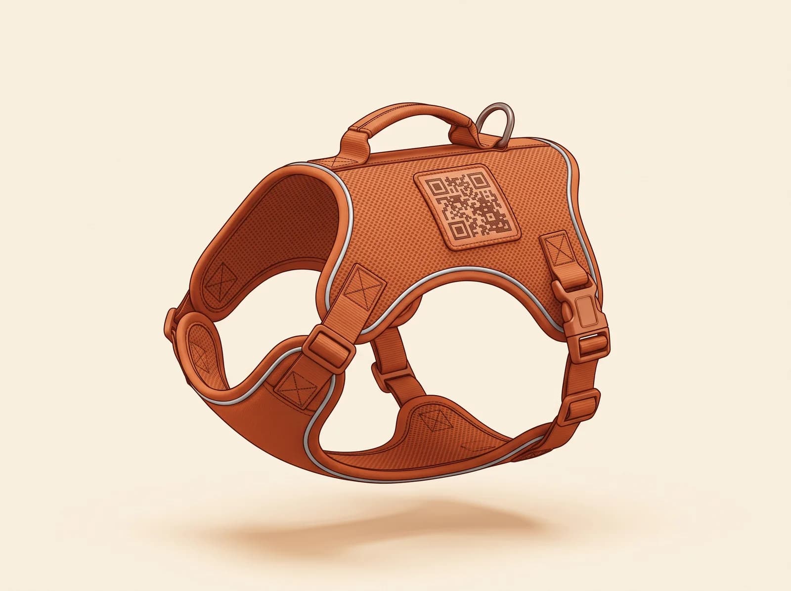 Chaleco Plus en terracota, de malla transpirable con tira reflectiva, manija de agarre en el lomo y parche bordado con código QR.