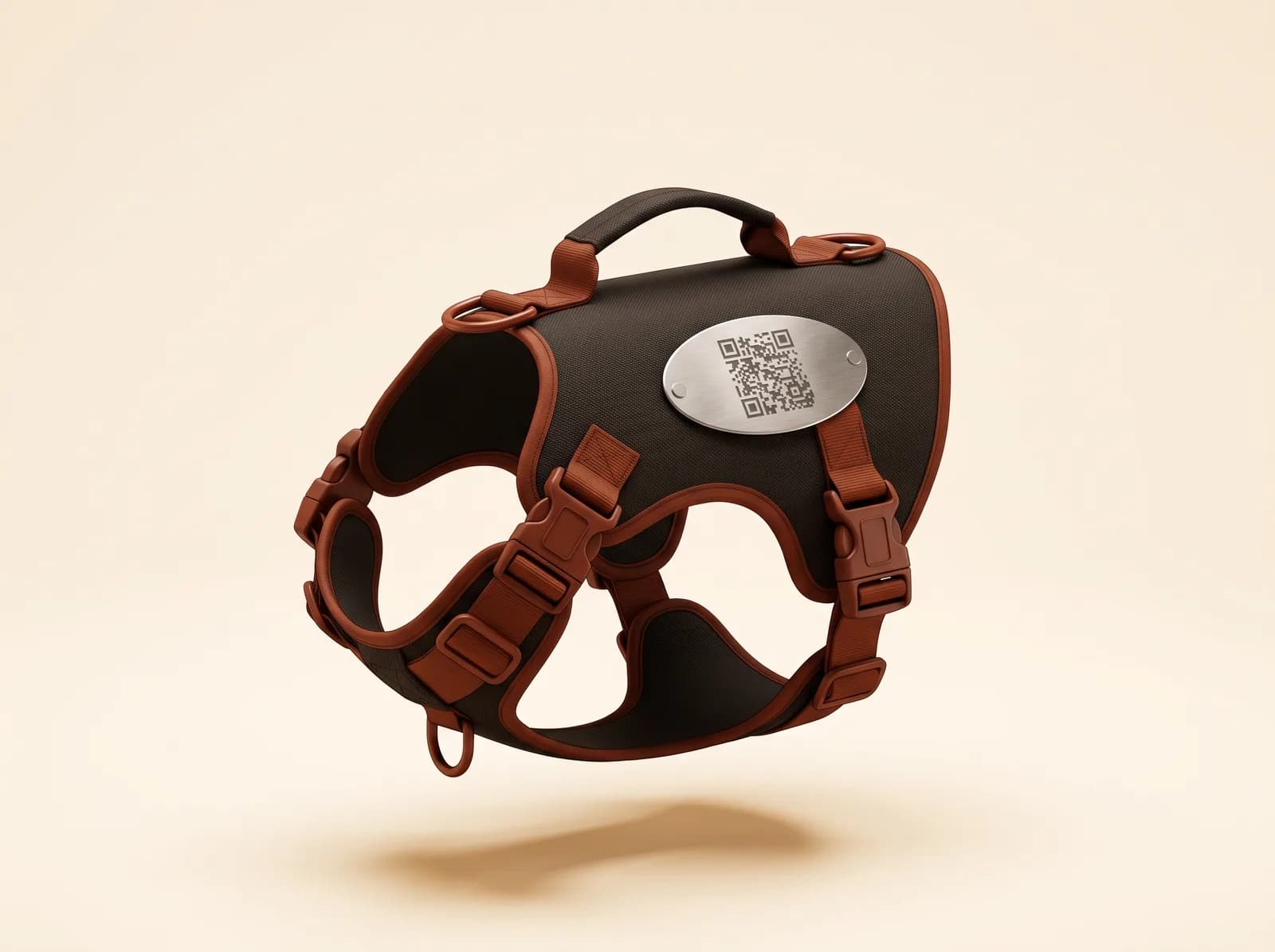 Chaleco Premium en Cordura oscura con detalles terracota, hebillas reforzadas y una placa metálica ovalada grabada con el código QR.