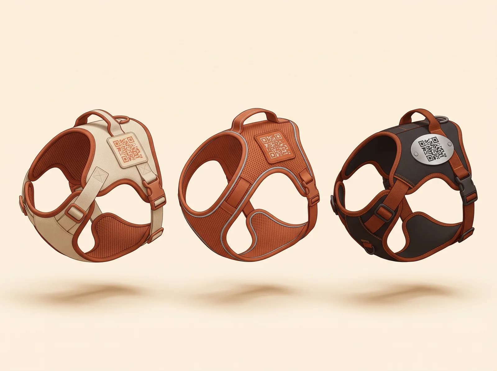 Las tres gamas en fila: el Básico en arena, el Plus en terracota y el Premium en Cordura oscura.